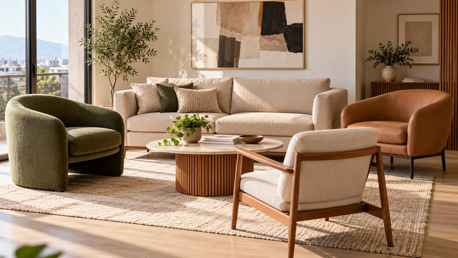 Poltrona y sillón individual en un living moderno junto a un sofá