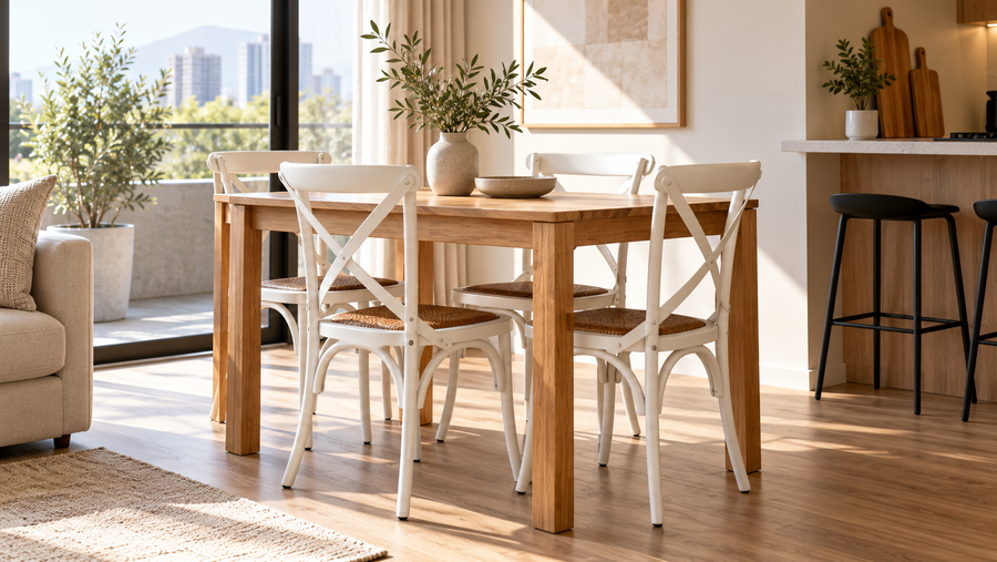 Sillas de comedor Crossback en un comedor pequeño con mesa de madera