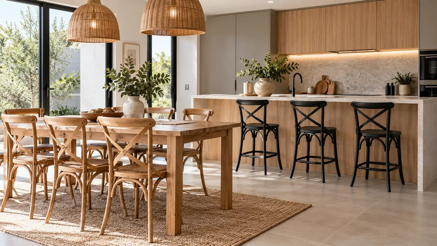 Cocina integrada con isla, sillas de comedor de respaldo Crossback y taburetes altos de barra en una ambientación referencial