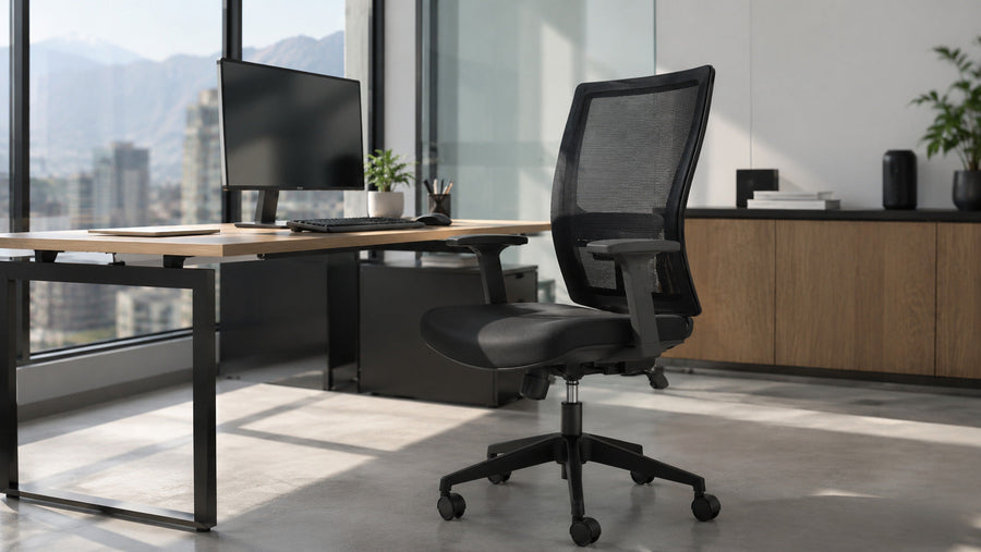 Buena silla de oficina ergonómica con respaldo soporte lumbar brazos y base estable torhu vicca
