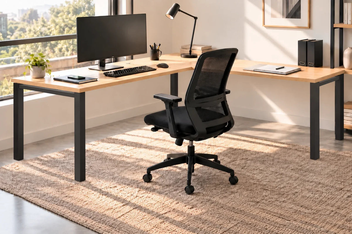 Escritorio en L con cubierta clara y estructura metálica negra en una oficina luminosa, con monitor, teclado y silla ergonómica. Imagen referencial VICCA