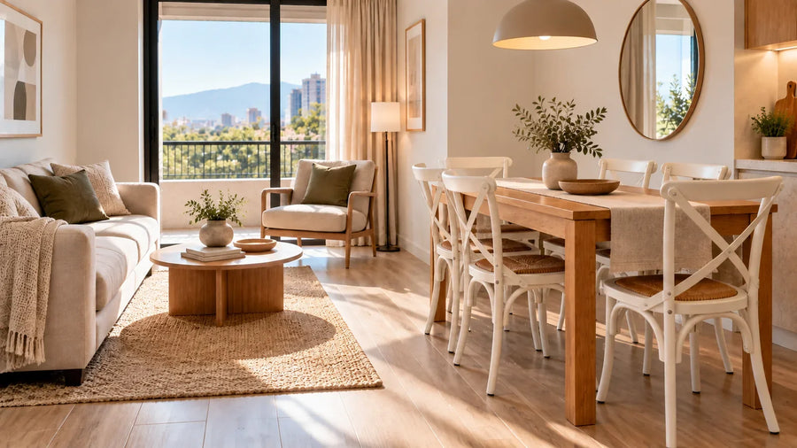 Living comedor pequeño con sofá, mesa y sillas distribuidos para mantener la circulación