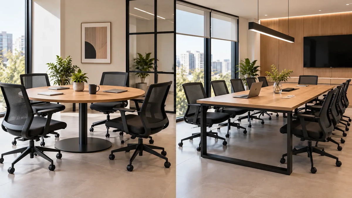 Comparación de mesa de reuniones redonda con base metálica de pedestal y plato circular y mesa rectangular con base metálica para oficina | VICCA