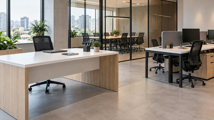 Oficina corporativa con escritorio a medida de cubierta blanca, estaciones de trabajo y mesa de reuniones con terminaciones en madera y metal