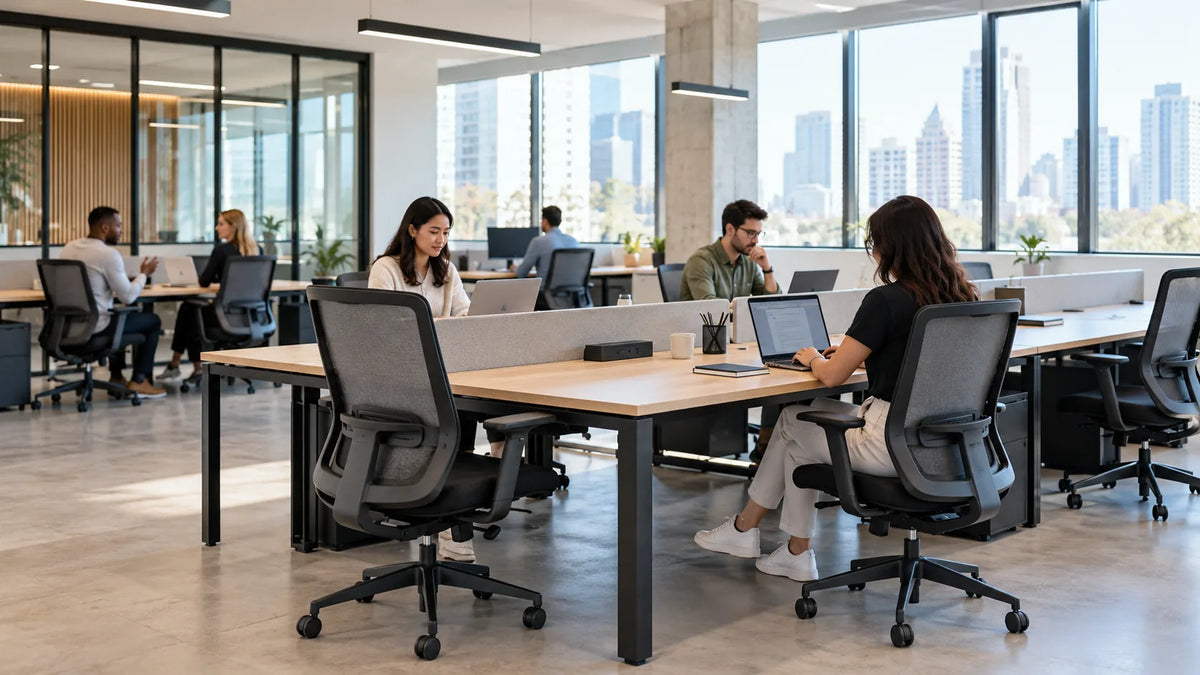 Oficina de coworking con estaciones de trabajo compartidas y sillas de escritorio ergonómicas de respaldo de malla