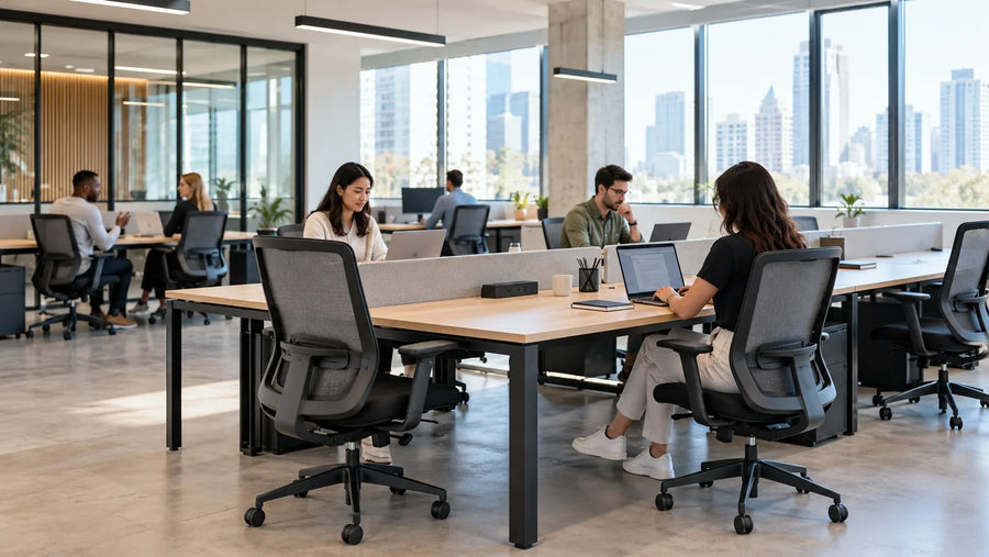 Oficina de coworking con estaciones de trabajo compartidas y sillas de escritorio ergonómicas de respaldo de malla