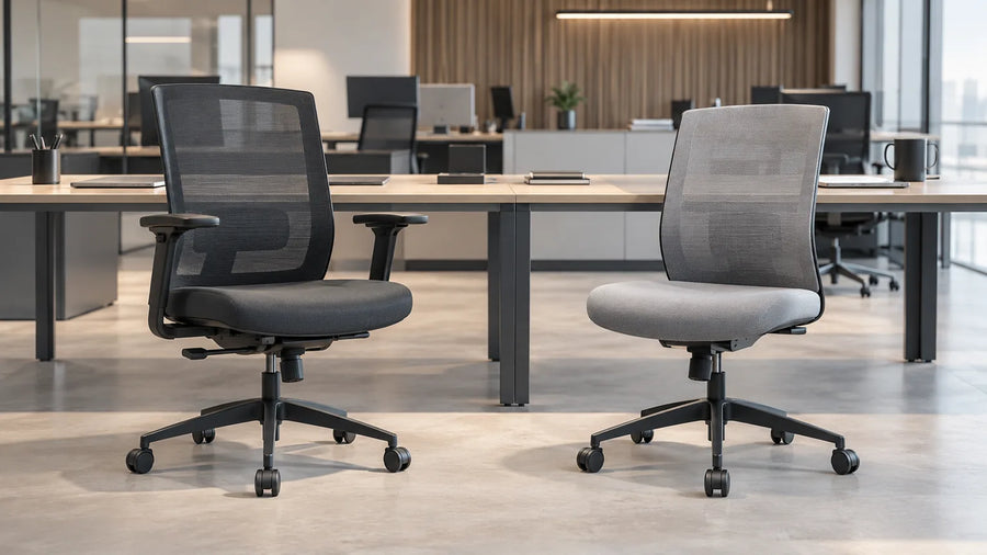 Silla de escritorio con brazos y silla sin brazos en oficina