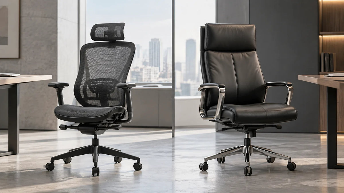 Comparación entre silla ergonómica y silla ejecutiva en oficina moderna