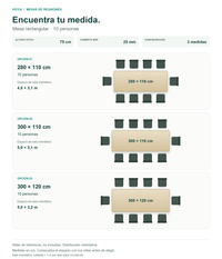 Comparador de Mesa de Reuniones 10 Personas Rectangular con mesa y sillas en vista superior: 280 × 110 cm, 300 × 110 cm, 300 × 120 cm. Altura 75 cm; distribución y sala orientativas; sillas no incluidas.