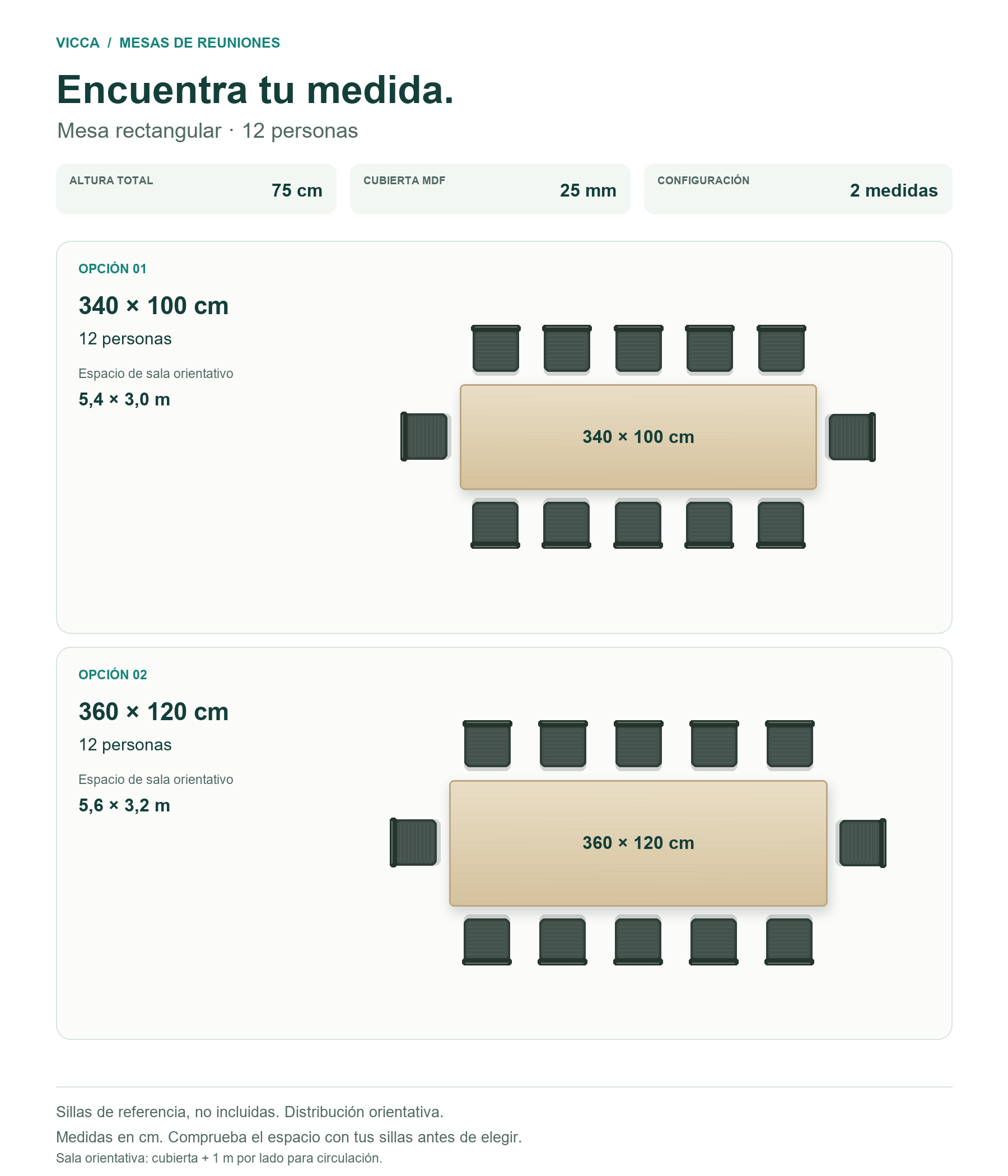 Mesa de reuniones rectangular para 12 personas con cubierta de madera clara en dos piezas y estructura Gris MT tipo bench con apoyo central; sillas no incluidas