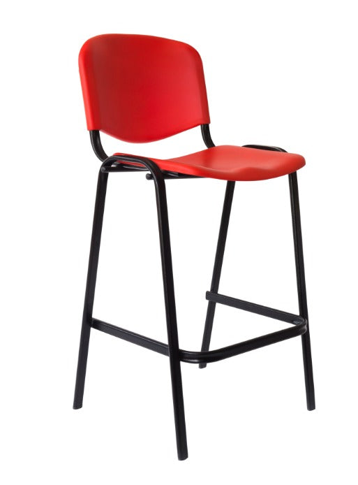 Taburete Iso rojo de polipropileno con respaldo y estructura negra, asiento a 75 cm