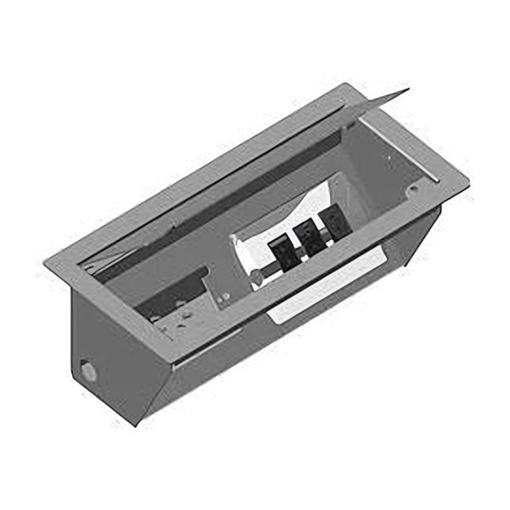 Caja metálica de electrificación para estación de trabajo, vista de detalle con tapa abierta y conexiones visibles.