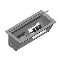Caja metálica de electrificación para estación de trabajo, vista de detalle con tapa abierta y conexiones visibles.
