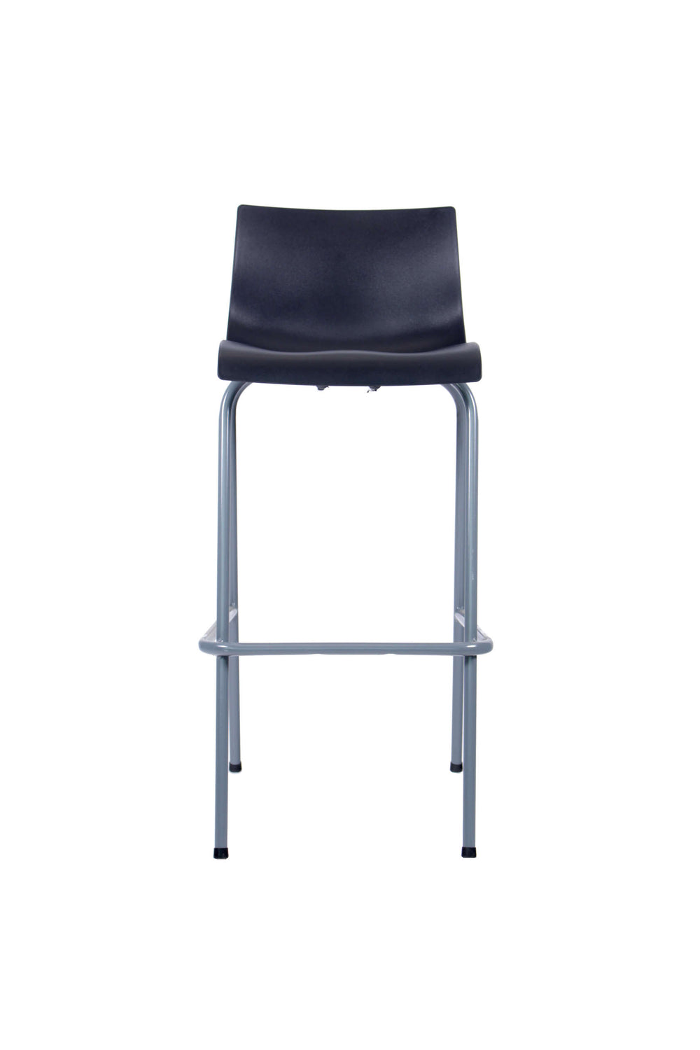 Taburete alto Cob negro con respaldo bajo y estructura gris, vista frontal