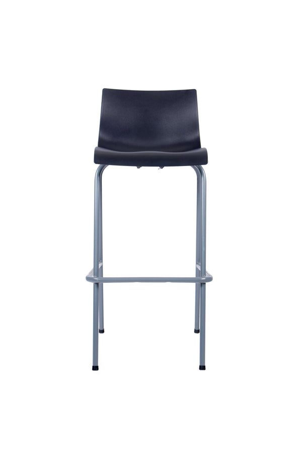 Taburete alto Cob negro con respaldo bajo y estructura gris, vista frontal