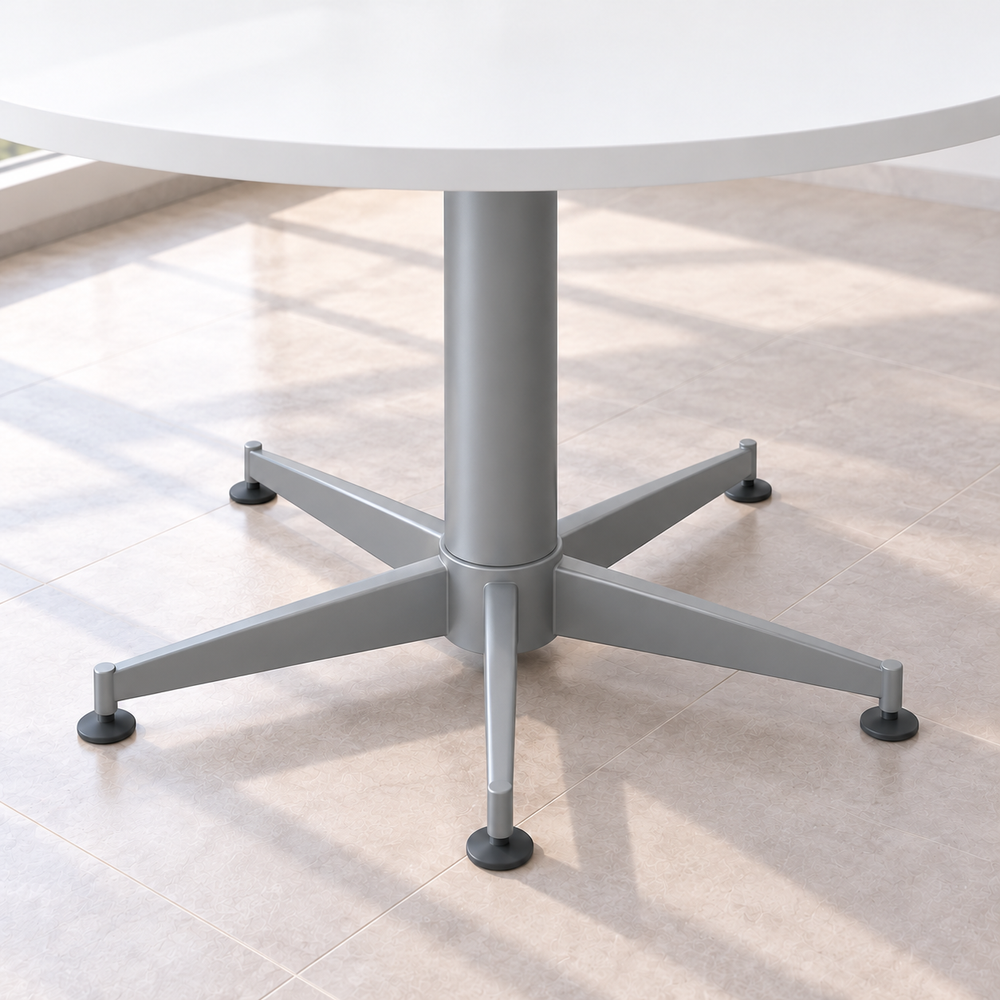 Detalle de la base de pedestal de cinco puntas con niveladores, color Gris Estrella, de la mesa redonda de reuniones VICCA