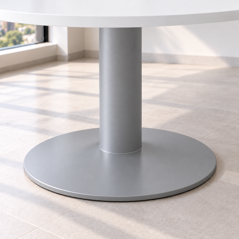Detalle de la base de pedestal con plato circular color Gris Estrella de la mesa redonda de reuniones VICCA
