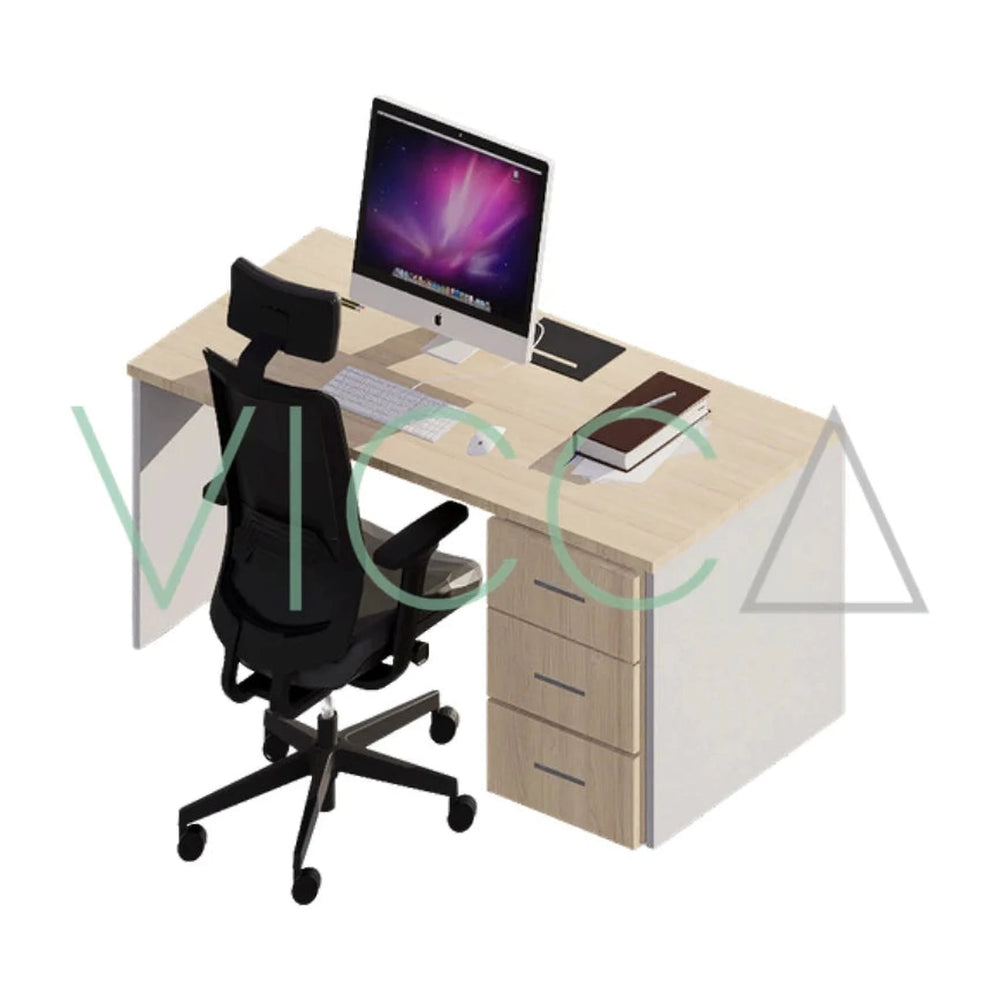 Escritorio recto, vista de tres cuartos con cubierta de tono madera claro, cajonera de tres cajones y paneles blancos. | VICCA