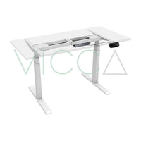 Escritorio Mapi Smart blanco, vista de tres cuartos desde arriba con estructura, cubierta translúcida y control negro.