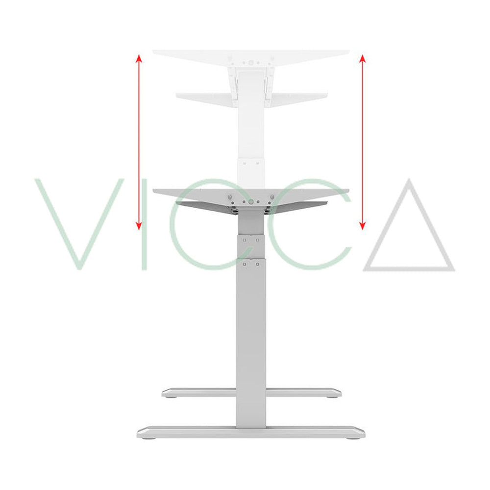 Escritorio Mapi Smart blanco, vista de perfil con columnas en distintas alturas y flechas rojas de regulación.