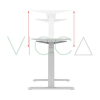 Escritorio Mapi Smart blanco, vista de perfil con columnas en distintas alturas y flechas rojas de regulación.