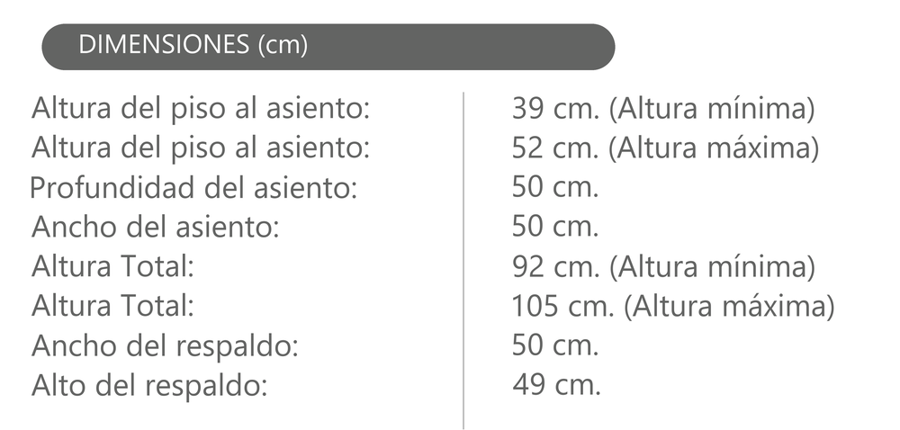 Medidas de la silla de escritorio Torino 1 Alta VC222