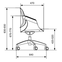 Plano de medidas de la silla de escritorio Toya gris con respaldo flexible: altura de 830 a 930 mm, asiento de 420 a 520 mm y base de 640 mm.