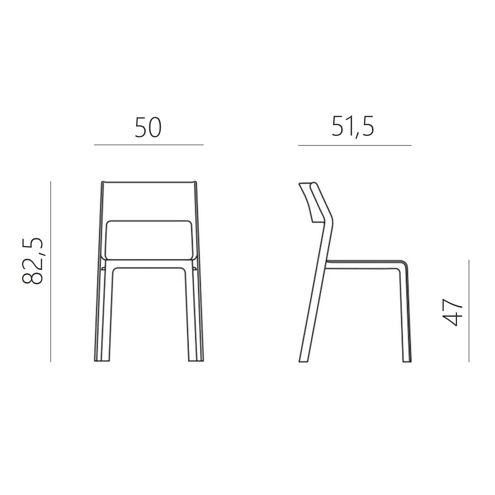 Plano de medidas de la silla para restaurante Trill Bistrot Nardi grafito: altura total 82,5 cm, asiento a 47 cm y ancho 50 cm.