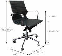 Medidas de la silla Bishop Baja: 92 a 105 cm de alto, asiento a 49–57 cm, base de 61 x 46,5 cm