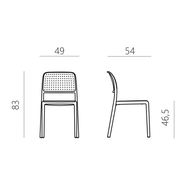 Silla de terraza Bora Bistrot Nardi grafito en vista de tres cuartos, sin brazos, con asiento y respaldo perforados y cuatro patas | VICCA