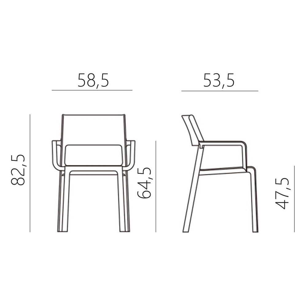 Plano de medidas del sillón Trill Armchair Nardi Ottanio con brazos: altura total 82,5 cm, asiento a 47,5 cm y ancho 58,5 cm.