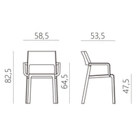 Plano de medidas del sillón Trill Armchair Nardi Ottanio con brazos: altura total 82,5 cm, asiento a 47,5 cm y ancho 58,5 cm.
