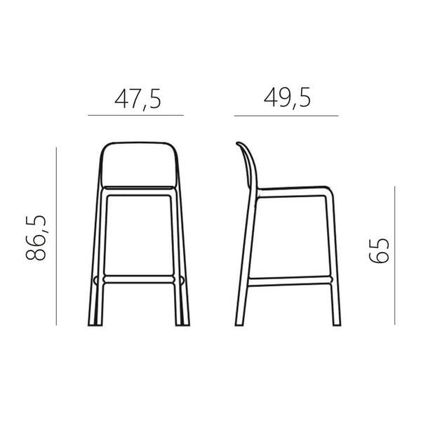 Taburete de cocina Faro Mini Nardi en vista de tres cuartos, blanco, con respaldo liso, cuatro patas y apoyapiés | VICCA