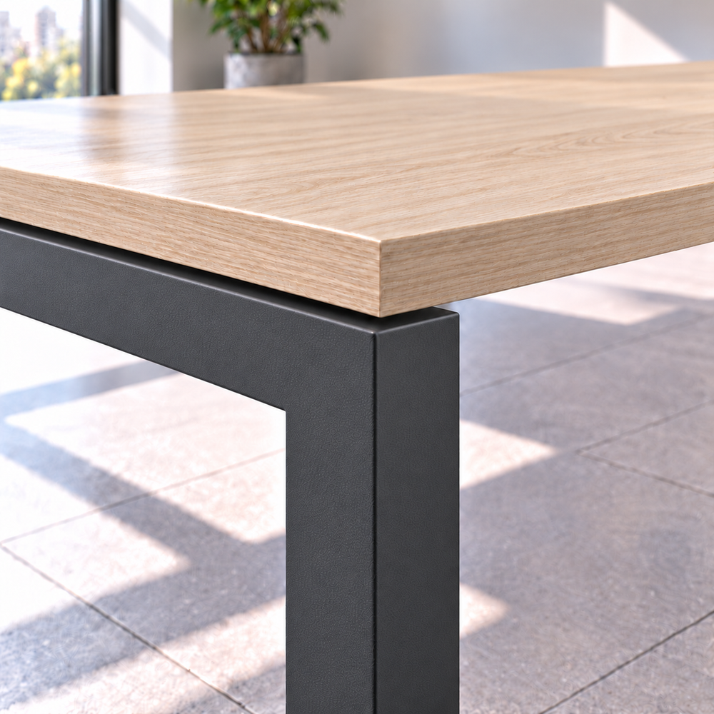 Detalle de la esquina de la mesa de reuniones para 12 personas: cubierta de madera clara de 25 mm con canto de PVC sobre estructura metálica Gris MT tipo bench de perfil 50 × 50 mm