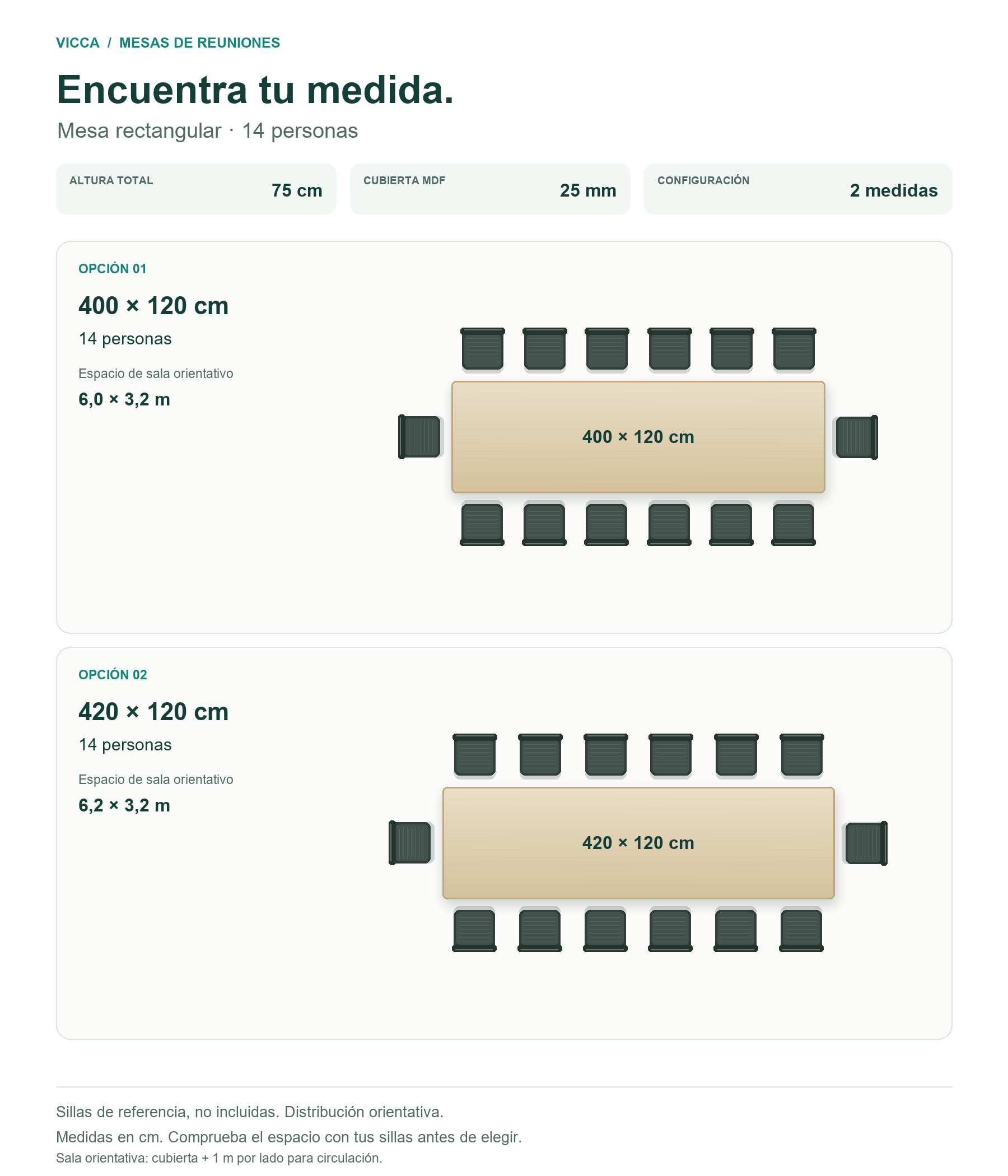 Mesa de reuniones rectangular para 14 personas con cubierta Brown Oak en dos piezas y estructura Negro MT tipo bench con apoyo central; sillas no incluidas