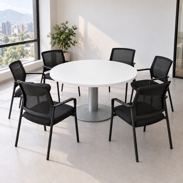 Mesa redonda para 6 personas con cubierta blanca y pedestal de plato circular Gris Estrella, tubo central y plato suavemente elevado junto al tubo; sillas no incluidas