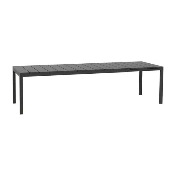 Mesa de terraza Rio Nardi grafito, vista de tres cuartos, con cubierta rectangular de listones y cuatro patas | VICCA