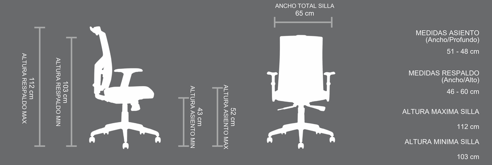 Plano de medidas de Silla Ejecutiva Focus con Soporte Lumbar Ajustable, vistas con sus cotas principales