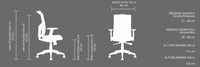 Plano de medidas de Silla Ejecutiva Focus con Soporte Lumbar Ajustable, vistas con sus cotas principales