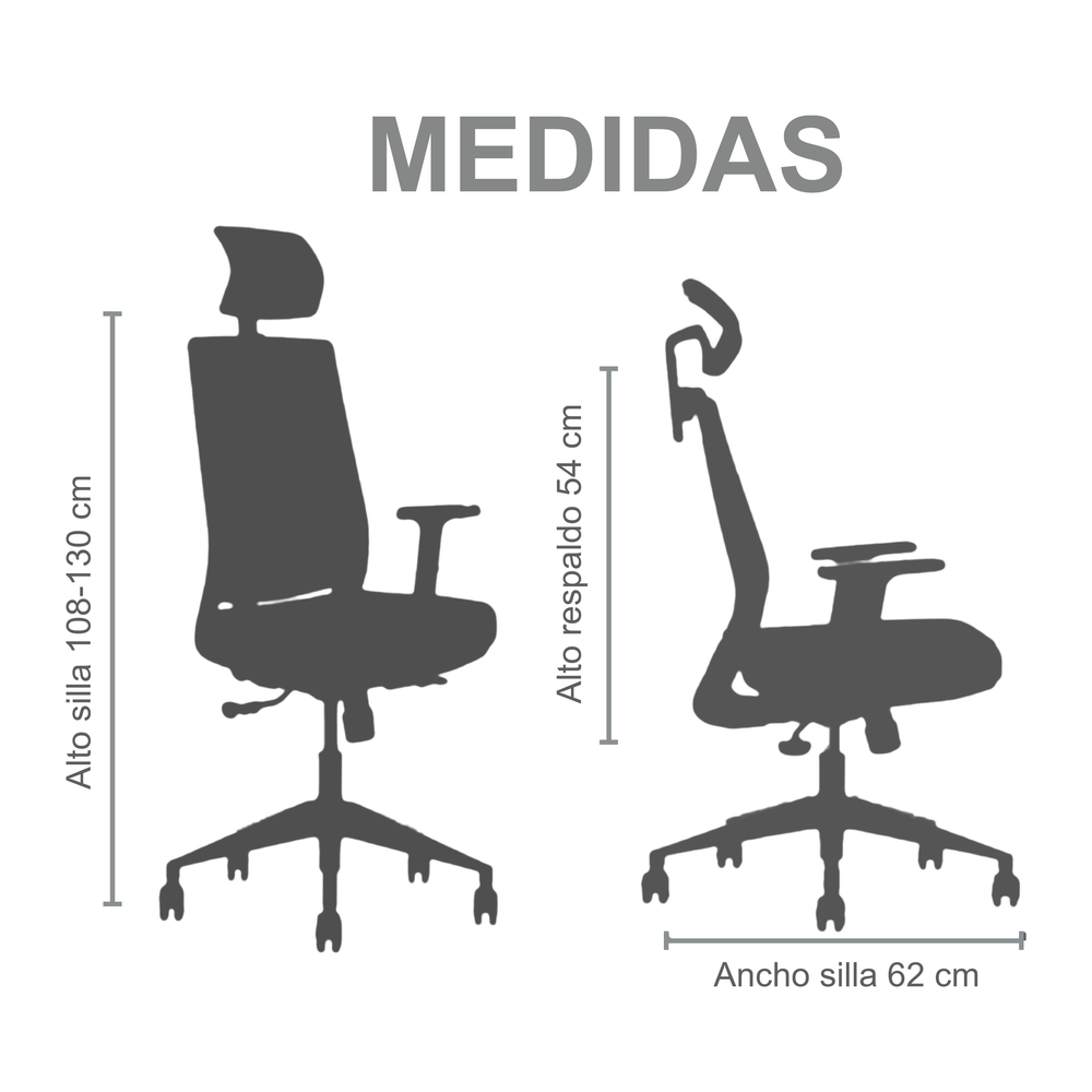 Plano de medidas de Silla Ergonómica Florencia con Lumbar Regulable, vistas con sus cotas principales