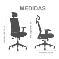 Plano de medidas de Silla Ergonómica Florencia con Lumbar Regulable, vistas con sus cotas principales