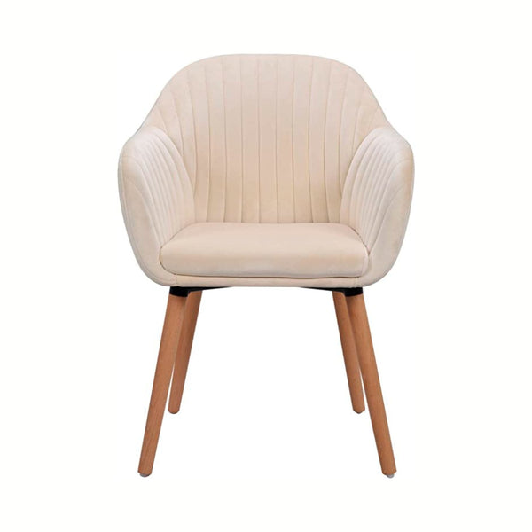 Poltrona Diamante beige de terciopelo con patas de madera, vista frontal