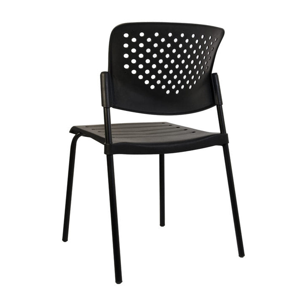 Silla Alice negra, vista de tres cuartos desde atrás con respaldo perforado y estructura de cuatro patas.
