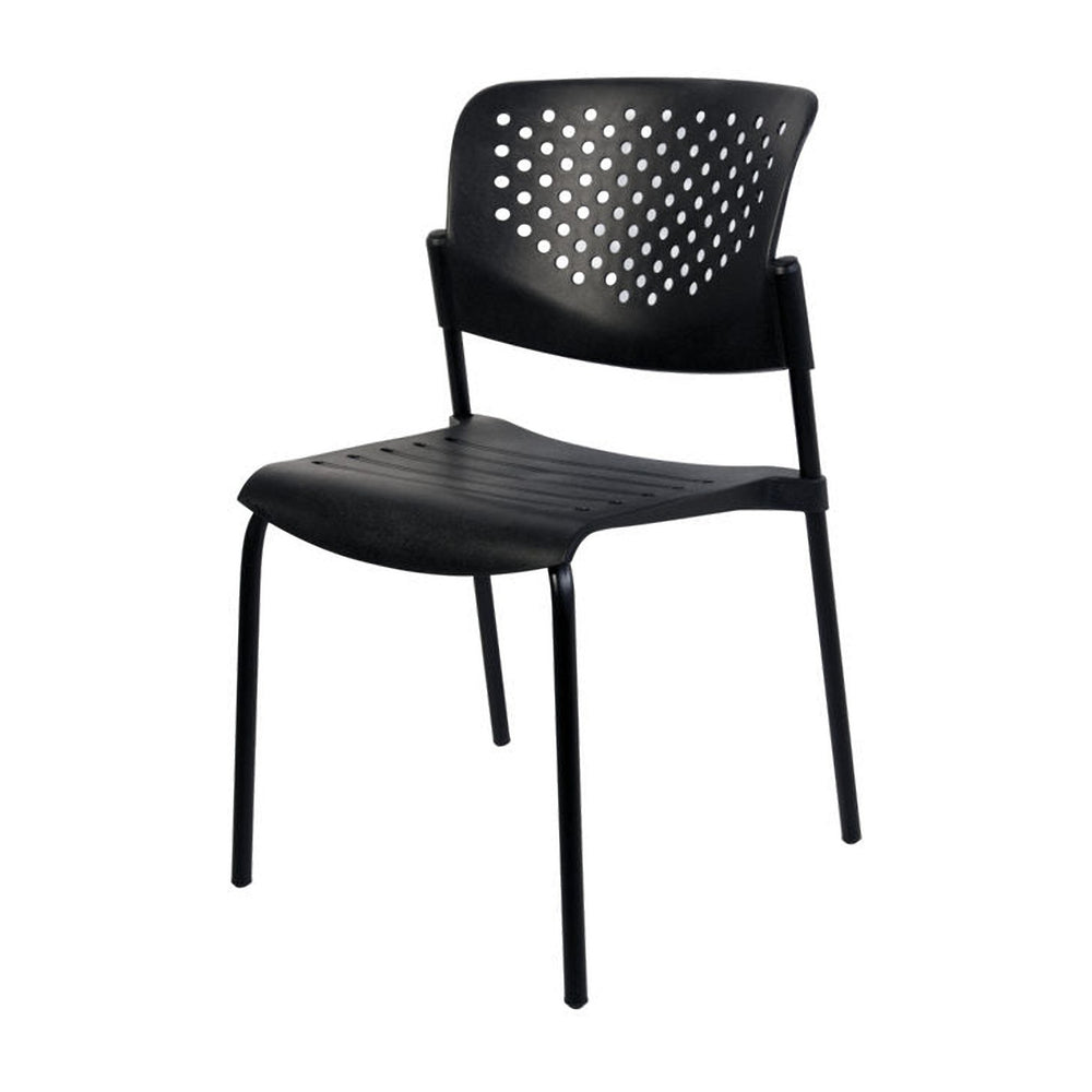 Silla Alice negra de polipropileno, vista de tres cuartos con respaldo perforado y estructura de cuatro patas. | VICCA