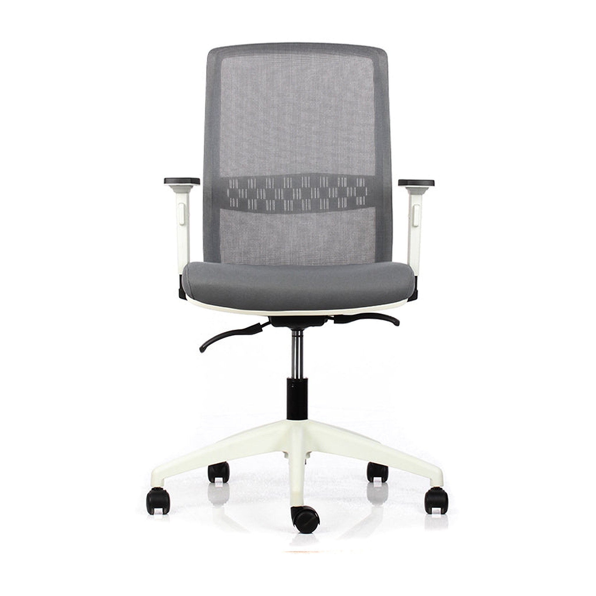 Silla Big Boss, vista de tres cuartos con respaldo de malla gris, asiento tapizado y estructura blanca con brazos. | VICCA