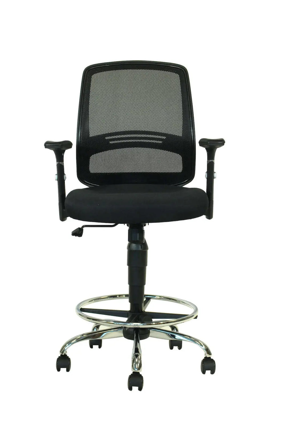Vista frontal de silla cajero Cubo con respaldo de malla y base cromada