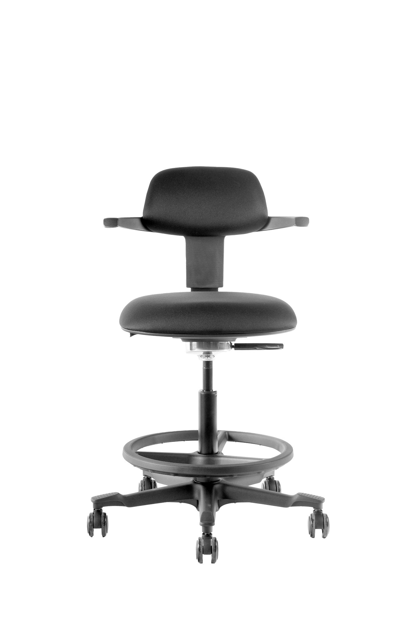 Vista frontal de silla cajero Wolf con respaldo regulable y aro apoyapiés