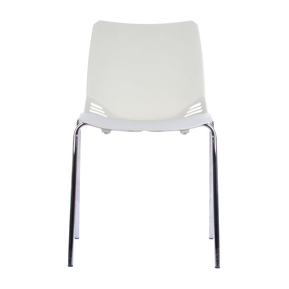 Silla para casino Race en vista frontal, blanca, sin brazos y con cuatro patas cromadas