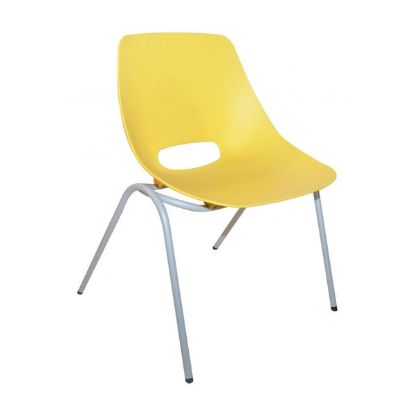 Silla Cosmos amarilla, vista de tres cuartos con abertura en el respaldo y estructura metálica gris. | VICCA
