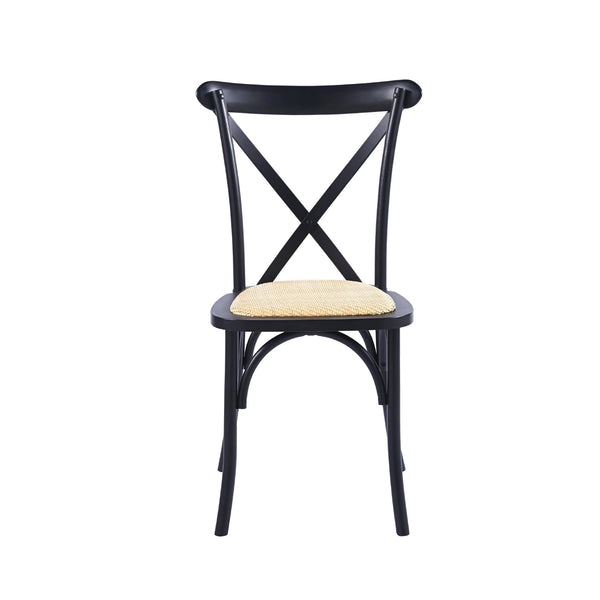Silla de comedor Crossback de madera negra y ratán en vista 45 grados